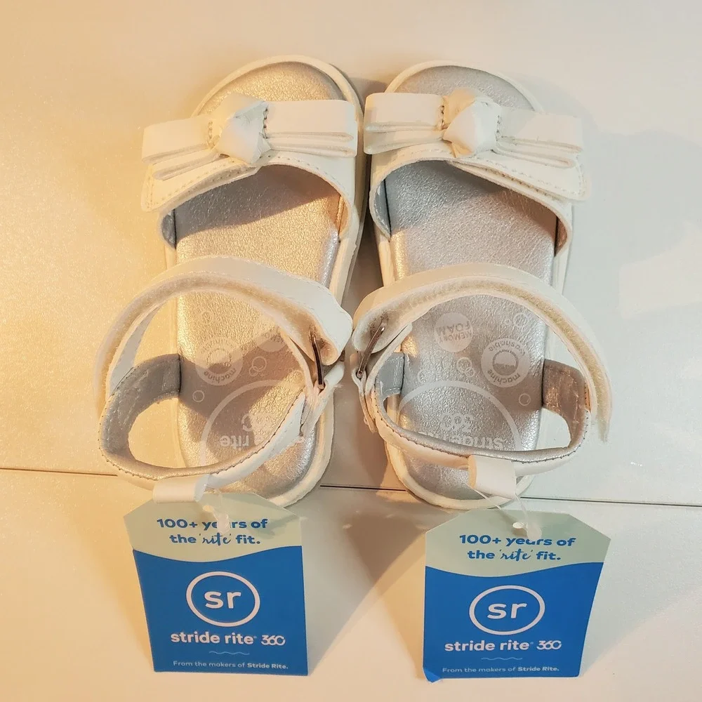 Stride Rite 360 Delilah White Silver Bow Sandals Kids Size 5M